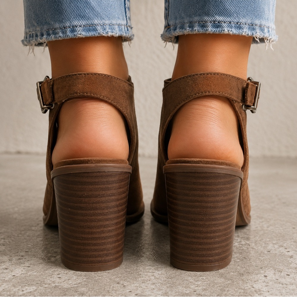 Sam Edelman Circus Kiki Booties Mules Womens 9 Brown Suede Peep Toe Sandals Shoe - Picture 4 of 7